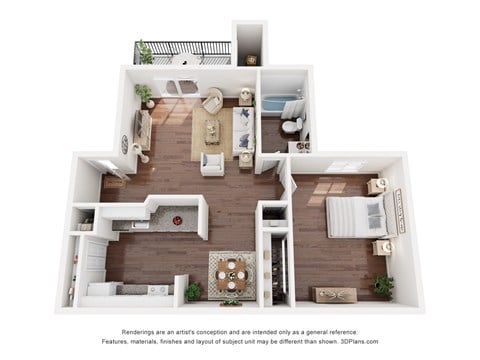 Floor plan for 1 bed, 1 bath, 626 sqft